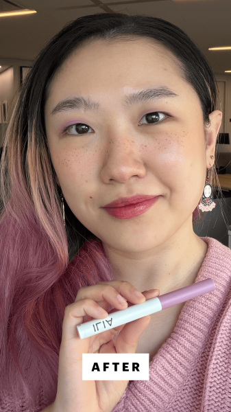 Han after applying the Ilia Eye Stylus Shadow Stick