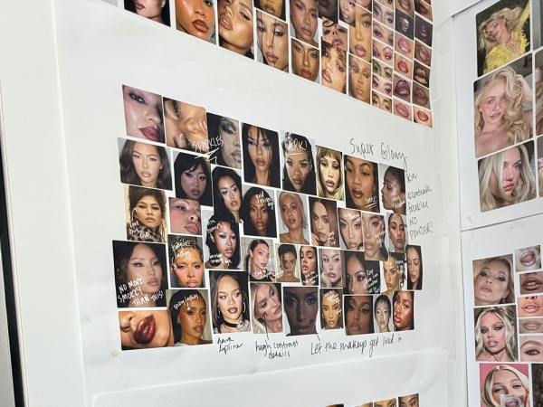 A photo of a makeup mood board from inside the Euphoria season 3 makeup trailer.